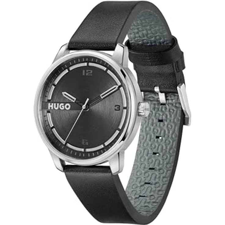 HUGO Quarzuhr #STAMP, Herrenuhr mit Lederarmband, analog, schwarz – Bild 2