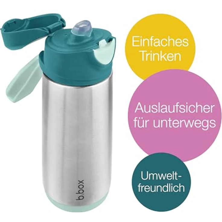 b.box Isolierte Schnabel Wasser Trinkflasche für Kinder, 500 ml, hält Getränke bis zu 15h kalt und 8h warm, auslaufsicher, einfacher Druckknopf – Bild 2