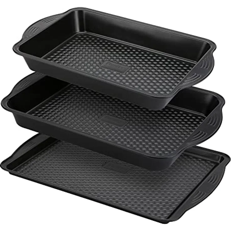 Prestige Aerolift Backbleche für Backofen, antihaftbeschichtet, 3er-Set, spülmaschinenfest, Ofenblech-Set mit extra großen Griffen, langlebige Bratformen aus Karbonstahl 5 Jahren, Schwarz, 48638