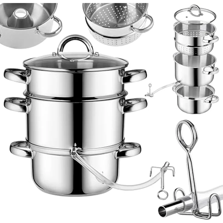 KADAX Dampfentsafter Ruka 5L, Edelstahl, Glasdeckel, Schlauchklemme, spülmaschinengeeignet, für Saftgewinnung von Beeren, Obst und Gemüse – Bild 1