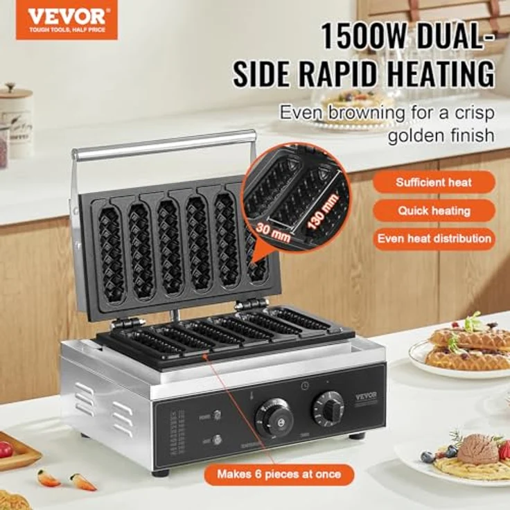 VEVOR kommerzieller Waffeleisen Waffel Maker 6-teilig 1500 W, antihaftbeschichtetes Edelstahl-Waffeleisen für Mais-Hotdogs, mit Temperatur- und Zeitregelung - Für Restaurant Bäckerei Snackbar Familie – Bild 2