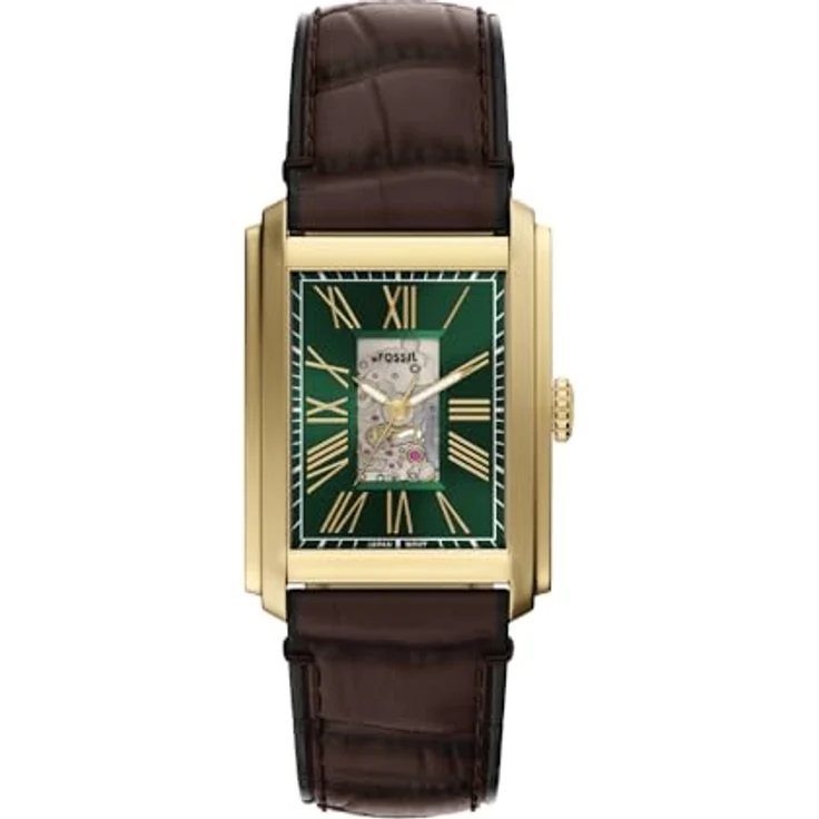 Fossil Carraway ME3271, Herren Edelstahlarmbanduhr mit 30MM goldfarbenem Gehäuse, grünem Sunray-Zifferblatt und braunem Lederband, wasserdicht bis 50m – Bild 1