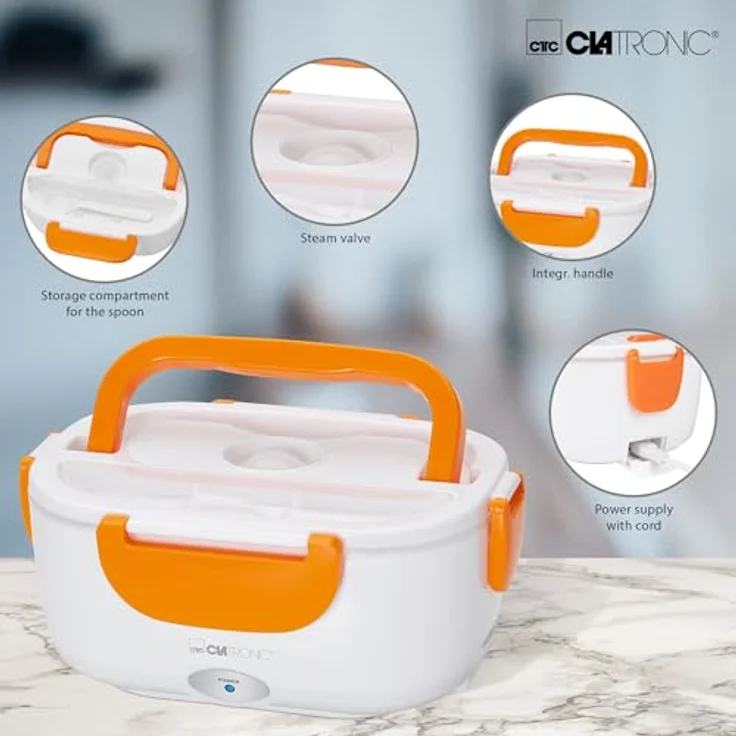 Clatronic LB 3719 elektrische Lunchbox, Erwärmen von Speisen bis zu 75°C, Volumen Circa 1.7 Liter, weiß-orange, Kunststoff – Bild 6