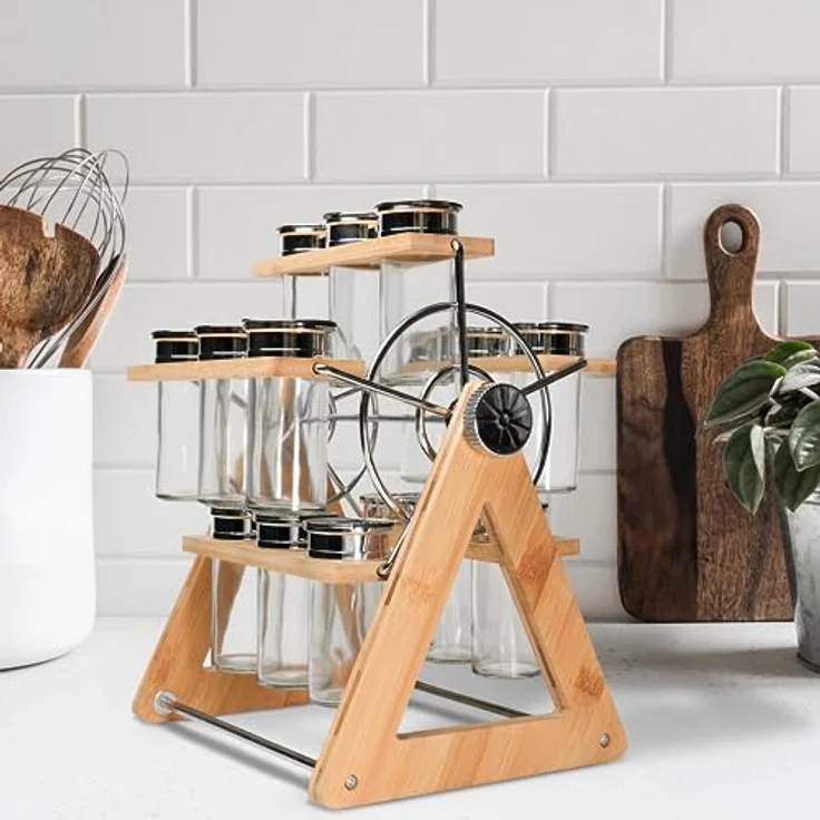 Coradoma Gewürzregal aus Holz - Drehbarres Gewürzkarussell mit 15 Gewürzdosen | Gewürzgläser Spice Rack | Gewürzständer und Küchenregal - Küchen Organizer zur Gewürzaufbewahrung – Bild 5