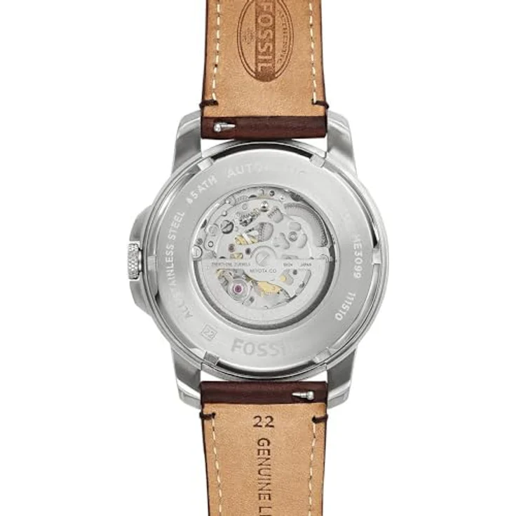 Fossil Herrenuhr Grant, mechanisches Automatikwerk, 45mm Silbernes Edelstahlgehäuse mit Lederarmband, ME3099 – Bild 3