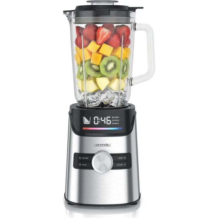 Arendo Standmixer AM-1400, 1400 Watt, Edelstahl, 1,7 l Glasbehälter, 6 Geschwindigkeitsstufen, 3 Programme, Pulsfunktion, Sicherheitssperre