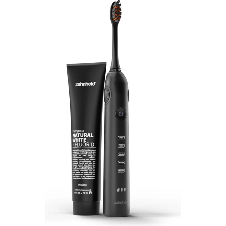 Zahnheld Elektrische Zahnbürste Schallzahnbürste Gero schwarz + Natural White Zahnpasta + Bürstenkopf, Aufsteckbürsten: 1 St., Elektrische Zahnbürste mit Putztimer und Whitening Zahnpasta mit Fluorid