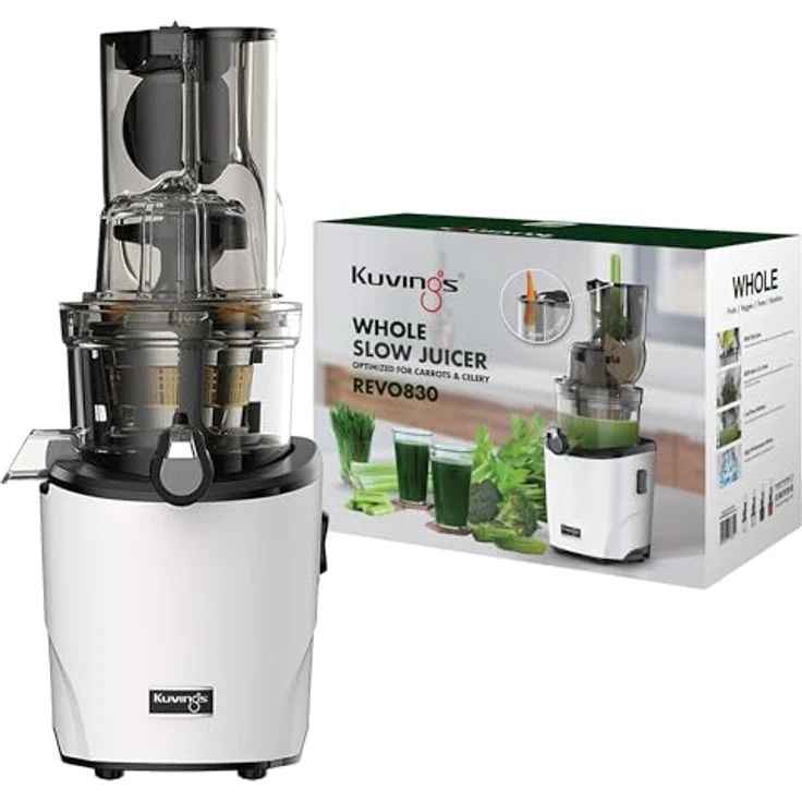 Kuvings REVO830 Slow Juicer mit automatischem Schneidesystem, inkl. Smoothie & Sorbet Filter Set, Weiß Matt – Bild 1