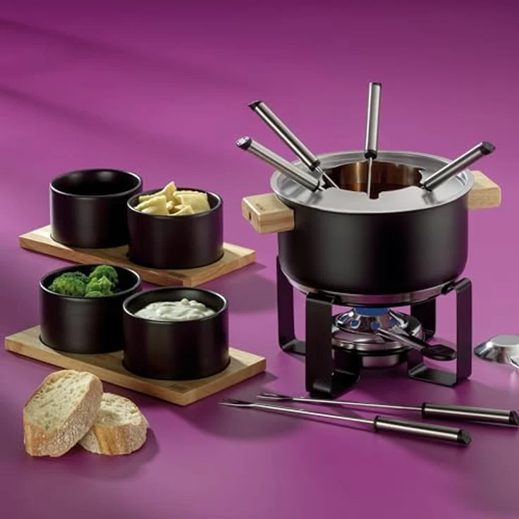 kela Fondue-Set Gunten, Ø 20 cm, 1,6 L, Edelstahl, Schwarz, Induktionsgeeigneter Topf mit Holzgriffen, mit Spritzschutzdeckel, Rechaud und Pastenbrenner, 4 Schälchen auf Holzbrett, 10068 – Bild 2