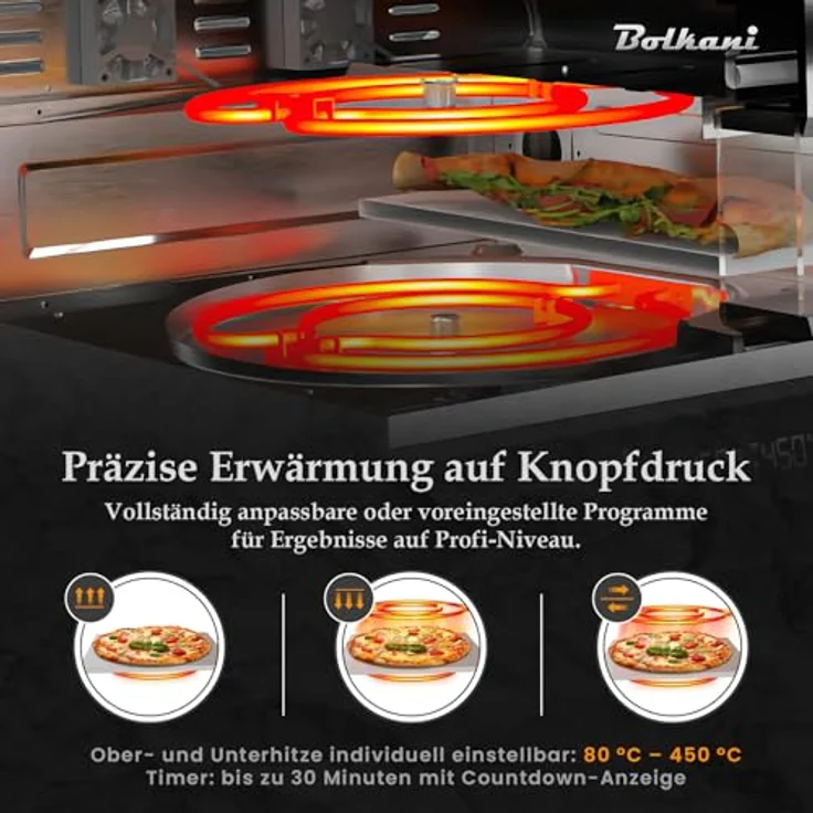 BOLKANI Elektrischer Pizzaofen mit Pizzastein und Pizzaschieber, 450°C, 1700W, Timer und Innenbeleuchtung, für knusprige Steinofen-Pizza in 2 Minuten – Bild 4