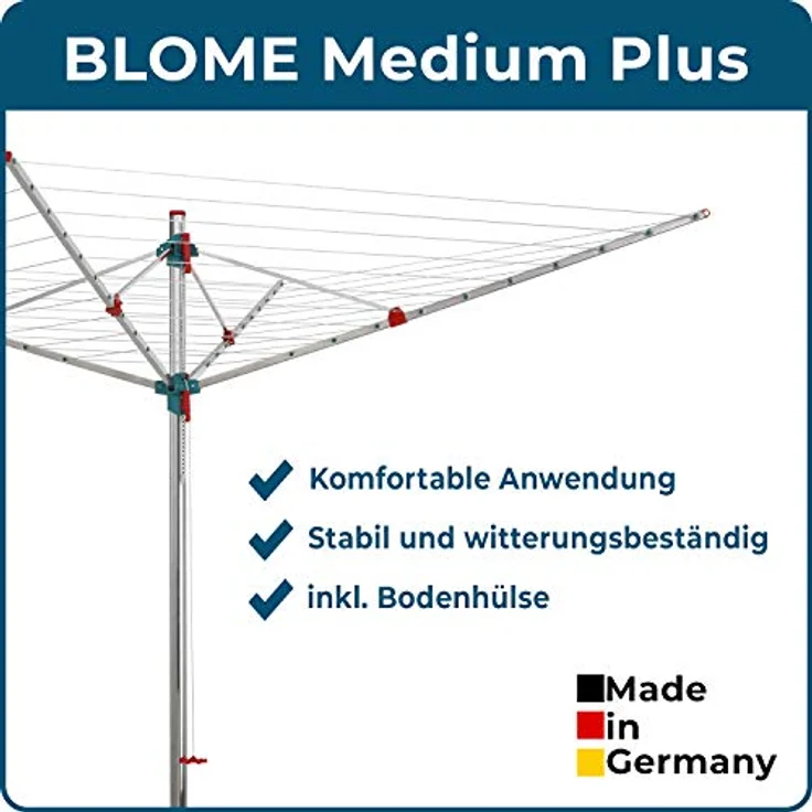 Blome Wäschespinne Medium Plus 60m inkl. Bodenhülse - Wäsche Spinne draußen, Made in Germany – Bild 2