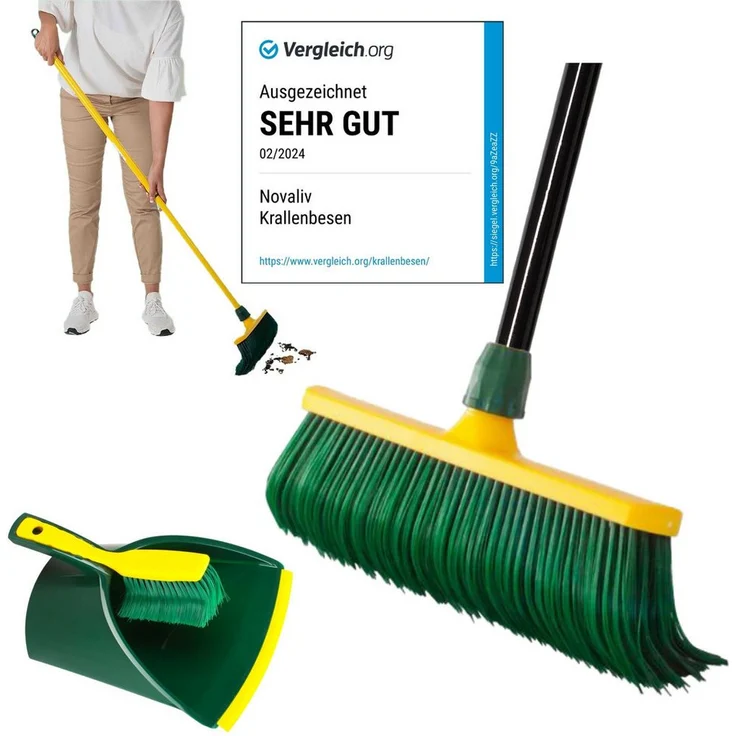 Novaliv Kehrgarnitur, Krallenbesen mit 30 cm breitem Besenkopf, inkl. Handfeger und Kehrschaufel für Outdoor-Einsatz