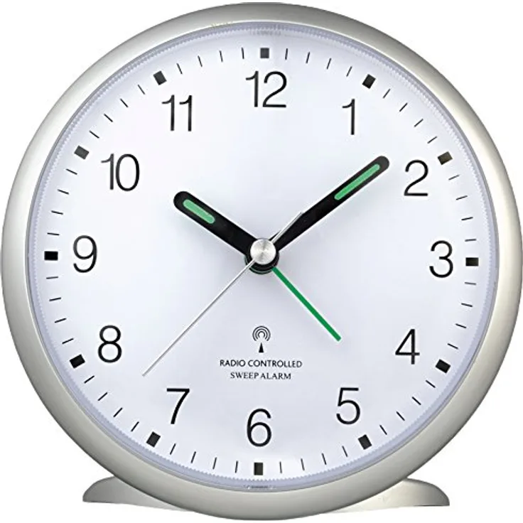 TFA Dostmann Analoger Funk-Wecker, 60.1506, leises Sweep Uhrwerk, lauter Alarm, gut ablesbare Ziffern, mit Funkuhr, Schlafzimmeruhr, Büro/Homeoffice, mit Schlummerfunktion, beleuchtet, hoch, silber