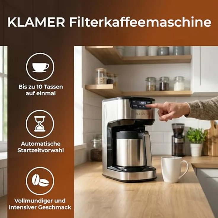 KLAMER Filterkaffeemaschine mit Thermoskanne, 1,25L Fassungsvermögen, Startzeitvorwahl & Tropf-Stopp, 1000 Watt für bis zu 10 Tassen – Bild 2