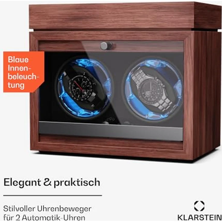 Klarstein Uhrenbeweger Brienz 2, Automatik-Uhrenwinder für 2 Uhren, mit LED-Beleuchtung, blau – Bild 3