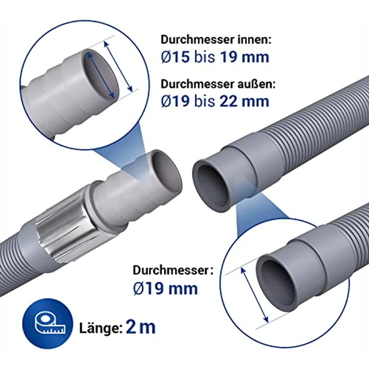 VIOKS Flexibler Ablaufschlauch Verlängerung 2m Ø 19mm-22mm Abwasserschlauch/Abfluss Schlauch Verlängerung für Waschmaschine, Geschirrspüler – Bild 2