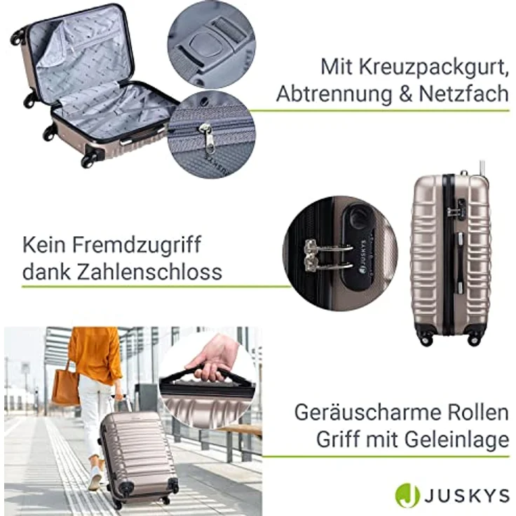 Juskys Hartschale Kofferset Reisekoffer 4 teilig - Zahlenschloss, geräuscharme 360° Rollen groß, Teleskopgriff, leicht - Koffer in Champagner – Bild 5