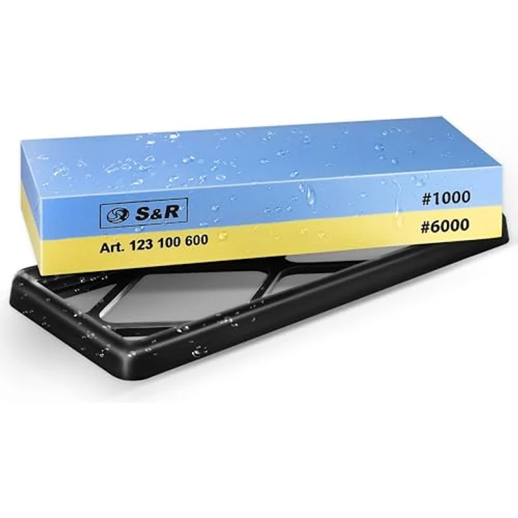 S&R Doppelseitiger Schleifstein, 18 x 6 x 3 cm, Körnung 1000/6000, inkl. Schleifhilfe und rutschfestem Silikon-Halter – Bild 1