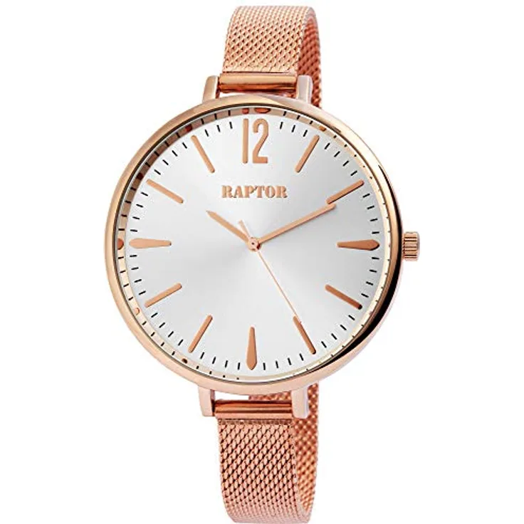 Raptor Damen-Uhr Edelstahlmilanaiseband Hakenverschluss Analog Quarz RA10164, roségoldfarbenes Milanaiseband