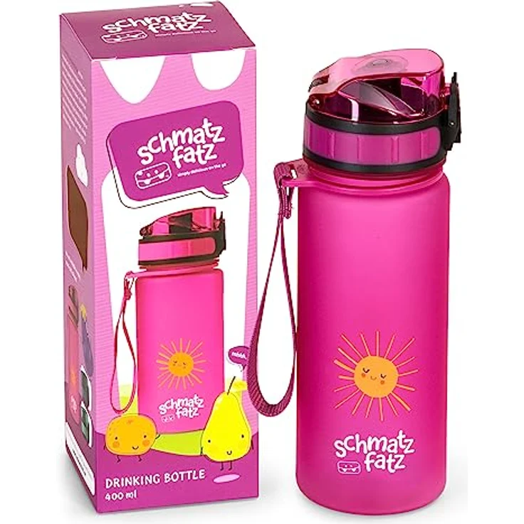 schmatzfatz Kinder Trinkflasche 400ml, Sport für Schule Kindergarten, 1-Klick Verschluss, Geschmacksneutrale Wasserflasche, Auslaufsicher mit Fruchteinsatz, BPA-Frei – Bild 1