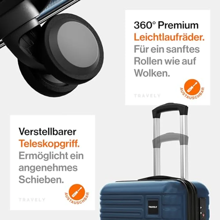 Travely Premium Handgepäck Koffer 55x40x20cm - 36L Trolley mit sanften Rollen und TSA Schloss, schwarz – Bild 5