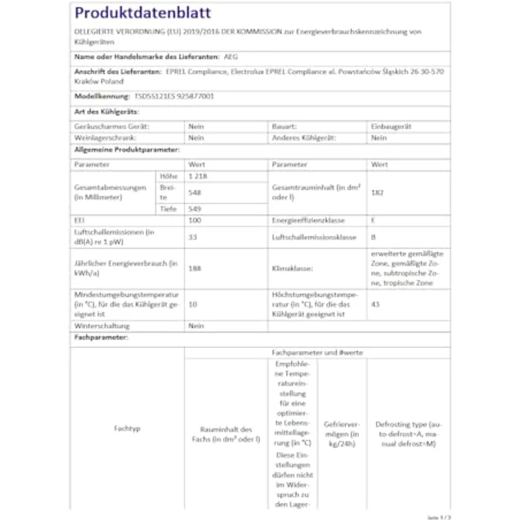AEG TSD5S121ES, Integrierbare Kühl-/Gefrier-Kombination, 138 l Kühlvolumen, 44 l Gefriervolumen, LowFrost-Technologie, weiß – Bild 6