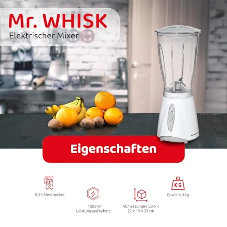 Melchioni Family Elektrischer Standmixer MR WHISK, 180 W, 4 Stahlklingen, 500 ml Fassungsvermögen, Dosierdeckel, Weiß – Bild 3