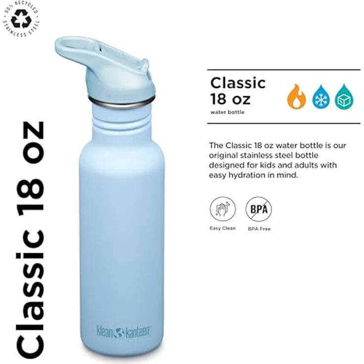 Klean Kanteen Classic Trinkflasche 536ml aus Edelstahl mit Flip Sport Cap, hellblau Clear Sky, auslaufsicher und spülmaschinengeeignet – Bild 2