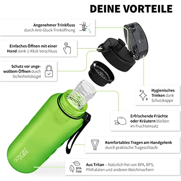 Trinkflasche Wasserflasche Fruchteinsatz 1,5L - BPA-Frei uberBottle 720 DGREE apple green – Bild 2