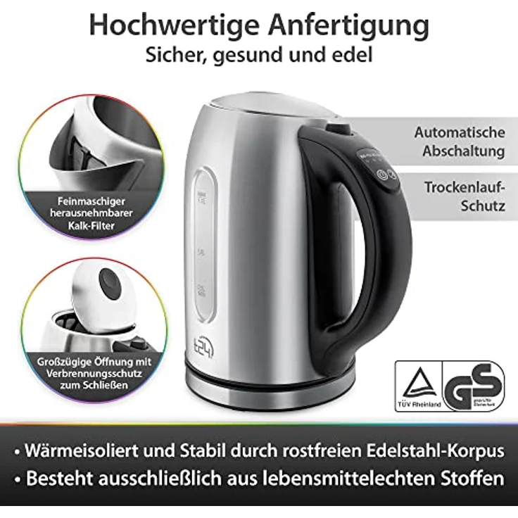 T24 Wasserkocher 2200W, Edelstahl, 1,7L, LED, 60 - 100 °C, Warmhaltefunktion, edelstahl - Preisvergleich – Bild 5