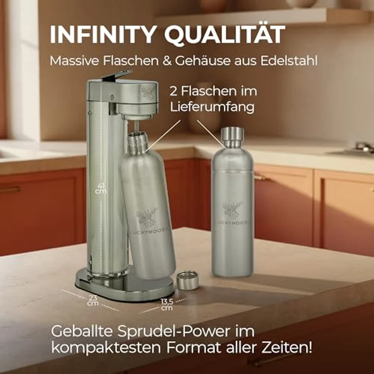 Luckymoose Infinity-S Wassersprudler aus Edelstahl (Silver/Silver) – inkl. 2x 1,25L Edelstahlflaschen, stufenlose CO₂-Regulierung, hygienische herausnehmbare Düse – Bild 2