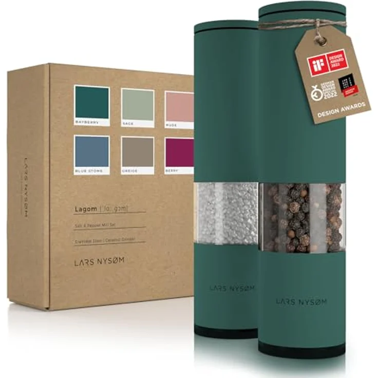 LARS NYSØM Salz und Pfeffer Mühle 2er Set Manuell mit einstellbarem Keramik-Mahlwerk von grob bis fein I Design Gewürzmühlenset (2 Stück) (Bayberry) – Bild 1