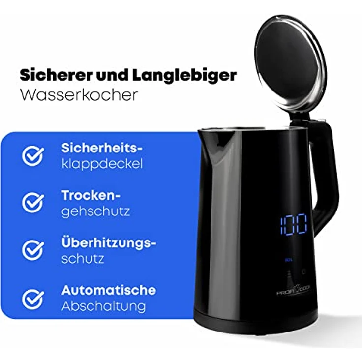 Proficook PC-WKS 1243 BK Wasserkocher, 1,7 L, 2200W, Sensor-Touch-Bedienung, mit Temperaturwahl, Display, Warmhaltefunktion, schwarz – Bild 6