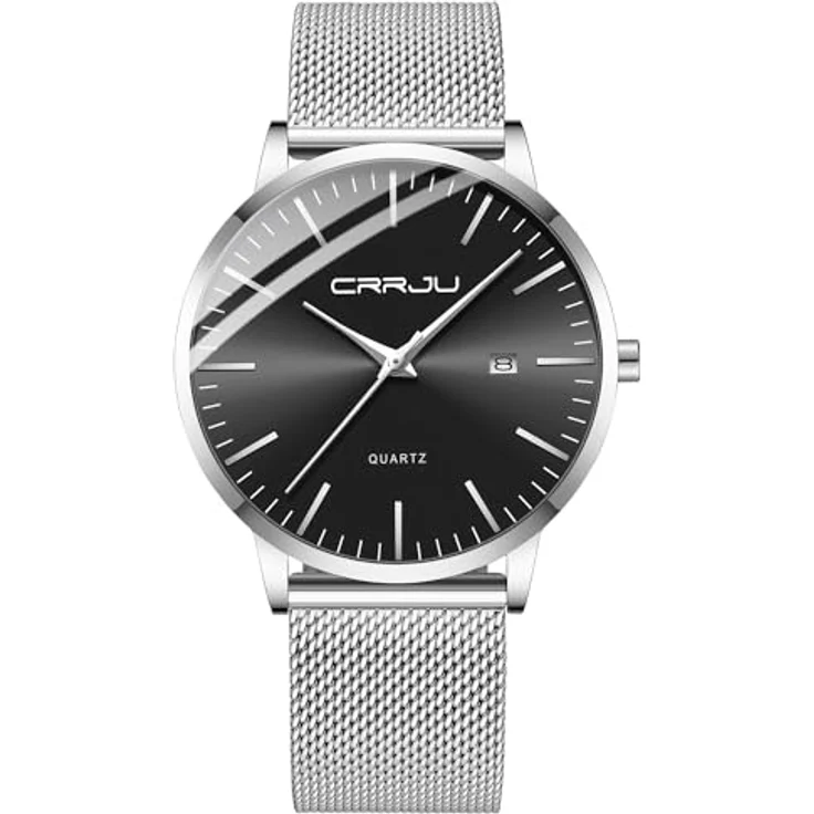 CRRJU Herren Uhr Ultra Dünne Wasserdicht Analog Quarz Armbanduhr mit Schwarz Edelstahlband, Silber/Schwarz – Bild 1