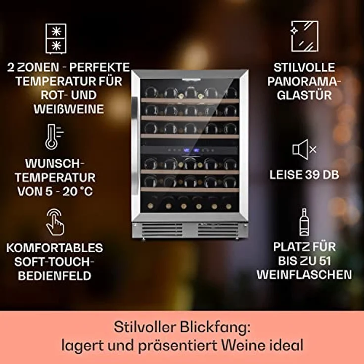 Klarstein Vinovilla 50 Duo, Zweizonen-Weinkühlschrank mit 53l für 17 Flaschen, 3-Farben Glastür und Buchenholzregalen – Bild 2
