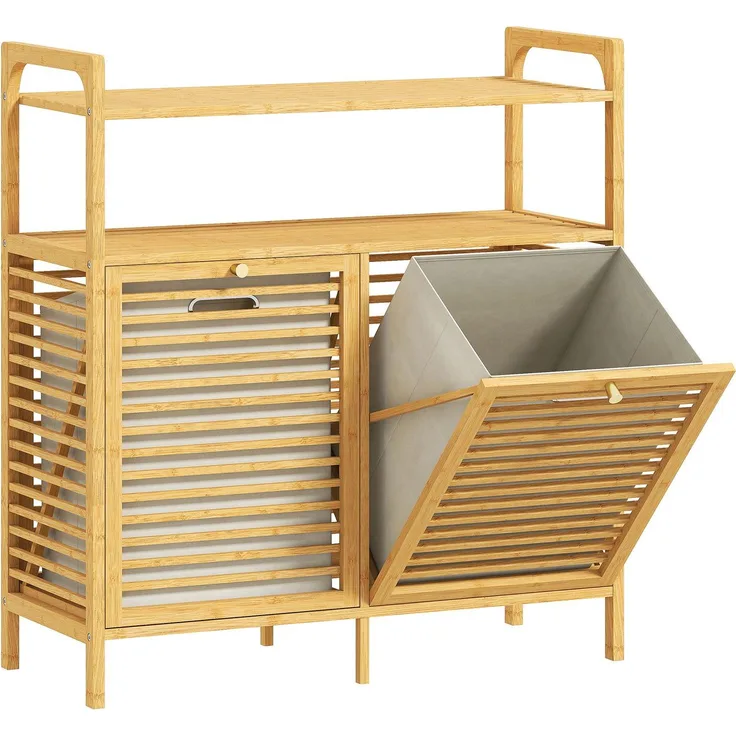 Northio Wäscheständer mit 2 Körben, freistehend, Bambus, 82 x 33 x 88 cm, 2 große Ablagen, Natur + Cremeweiß