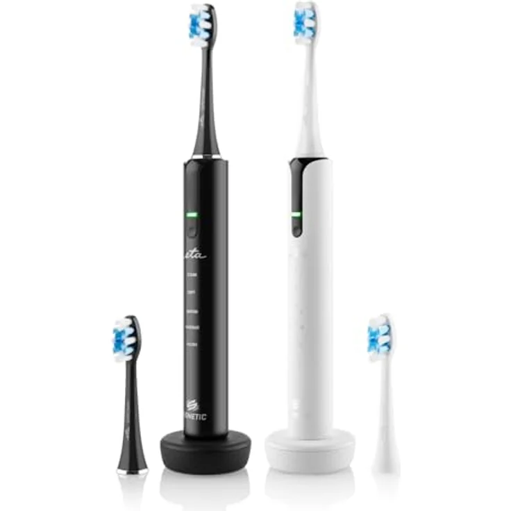 ETA Schallzahnbürsten-Set Sonetic I Elektrische Schallzahbürste Doppelpack I 5 Reinigungsmodi I Timer I IPX7 I Ladeständer I 4 Ersatzköpfe I Schwarz Weiß – Bild 2