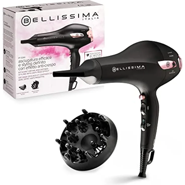 Bellissima P7 3200, Haartrockner, Profi-Motor, 2100 Watt, Ionisator, 2 Geschwindigkeiten, 3 Temperaturen, Lockendiffusor, Kaltluftstrahl, Licht, Reiseetui, Kabelclip