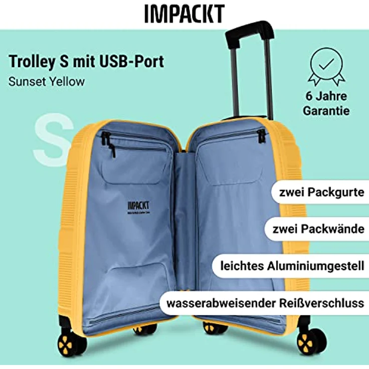 IMPACKT IP1 4-Rad Handgepäckkoffer aus recyceltem Material mit 6 Jahren Garantie; nachhaltiger Hartschalenkoffer mit austauschbaren klick-Rollen + USB Port; 55 cm, 2,8 kg, 38 Liter – Bild 2