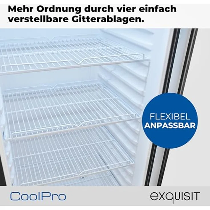 Exquisit GKS5220-GT-431D, Glastürkühlschrank mit 240l Volumen, 153 cm Höhe, Umluft, 4 verstellbare Ablagen, LED-Beleuchtung, schwarz – Bild 4
