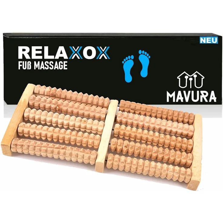MAVURA RELAXOX Premium Fußmassageroller Holz Braun Fußmassagegerät - Entspannung auf Knopfdruck