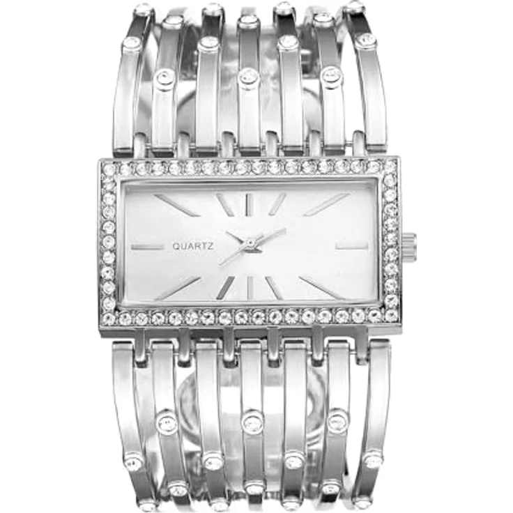 JewelryWe Rechteckige Damenuhr mit Strass, Silbernes Metallarmband, Analog Quarz, Elegante Diamant-Armspange – Bild 1