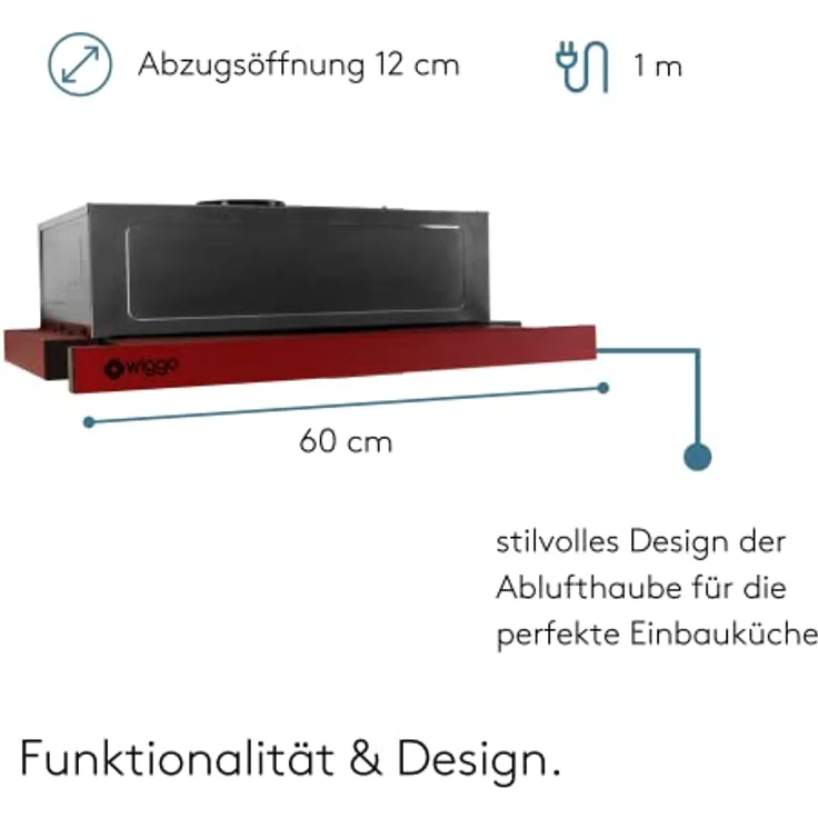 Wiggo Dunstabzugshaube 60cm WE-632R rot I Flachschirmhaube für Abluft oder Umluft Dunstabzug 300m³/h mit LED-Beleuchtung I Einbau-Dunstabzugshaube inkl. Fettfilter & 2× Kohlefilter – Bild 5