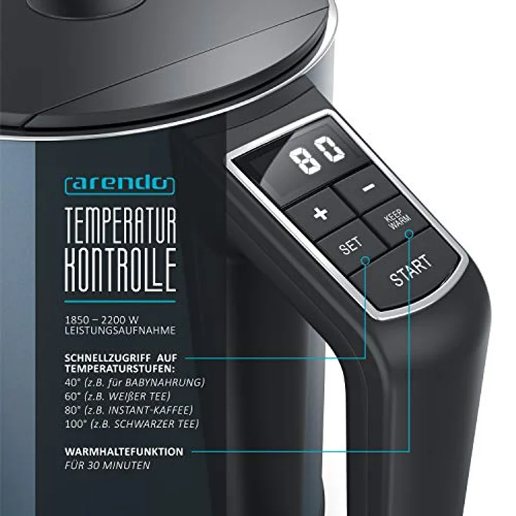 Arendo Elegant Wasserkocher, 1,5 l, 2200 W, Edelstahl Wasserkocher mit Temperatureinstellung 40-100 Grad - 1,5 Liter, matt blau – Bild 5