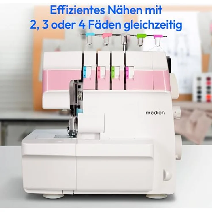 Medion® Overlock-Nähmaschine MD 19169, Teleskopfadenführung, 4 Fäden gleichzeitig, Nähen mit 2 Nadeln, Einstellbare Fadenspannung – Bild 4