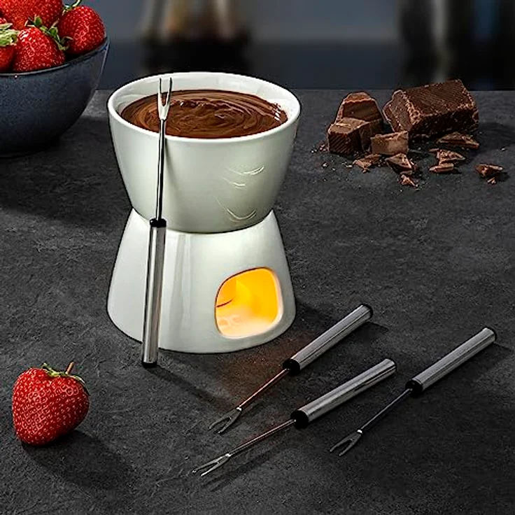 Haushalt International HI Schokoladen-Fondue-Set, Schoko- und Käsefondue mit 4 Edelstahl-Gabeln, elegante weiße Farbe – Bild 4