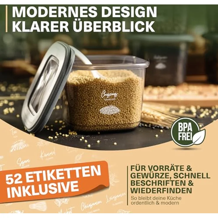 VIWARES Vorratsdosen Set 18-teilig, inkl. 2,0L Spaghetti Box & 6 Gewürzdosen mit Dosierdeckel, luftdicht, BPA-frei, stapelbar, 52 Etiketten – Bild 5