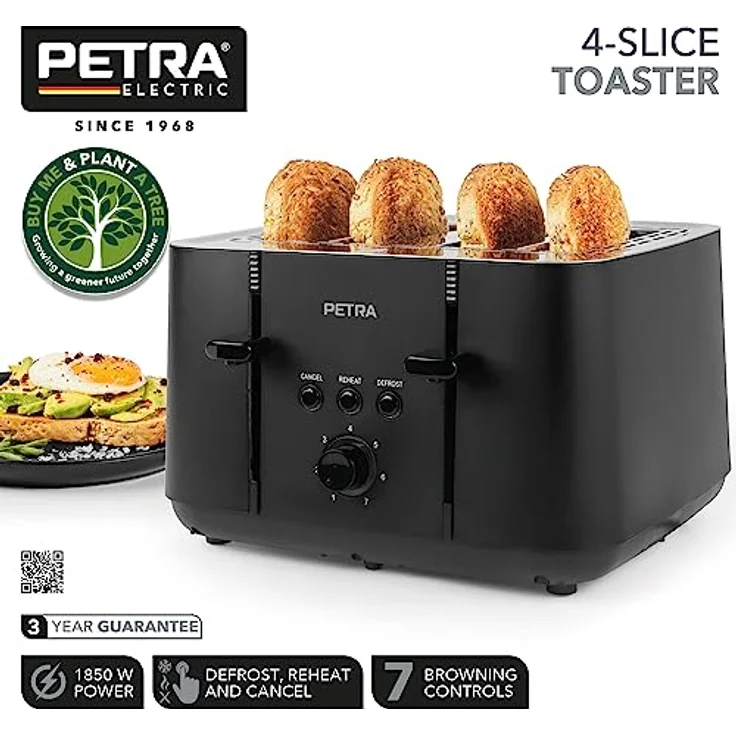 Petra PT5565MBLKVDE 4-Toastschlitze Toaster – selbstzentrierende Toastkammern für die Brotführung, Anti-stau-Funktion, 7 Stufen, Auftauen/Wiedereinsetzen/Abbrechen, Krümelschublade, 1850W, Schwarz – Bild 2