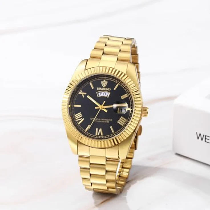 JewelryWe Herrenuhr Edelstahl Leuchtend Uhr, 30m wasserdicht, Analog Quarz mit römischen Ziffern und Leuchtzeigern, Gold Edelstahlarmband – Bild 2