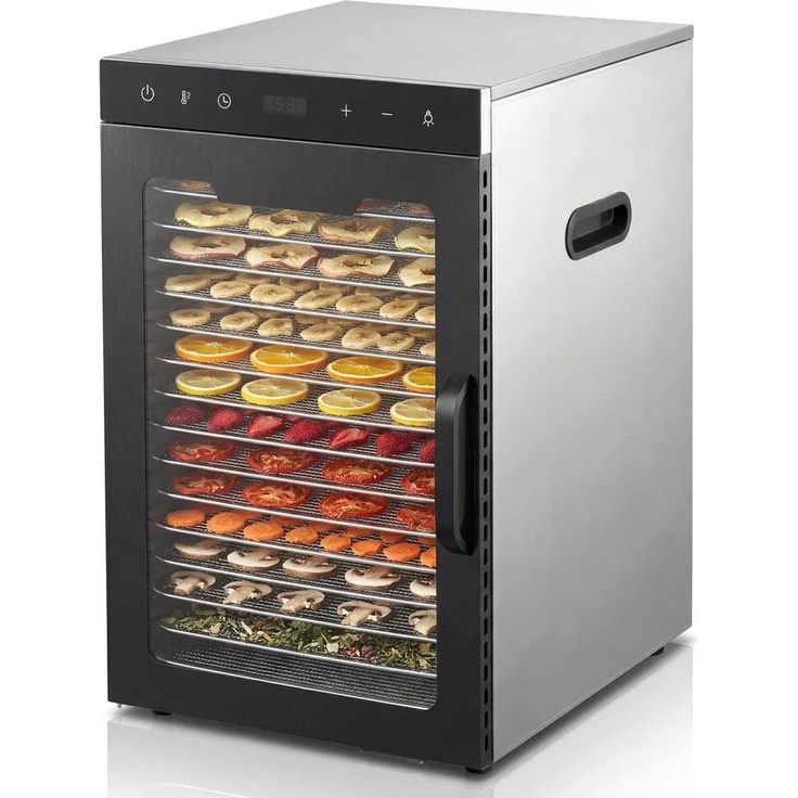 Arendo Dörrautomat Edelstahl, 16 Fächer, Temperaturregler 30°-90°C, 1000 W Dehydrator mit Timer 0,5-24 Stunden